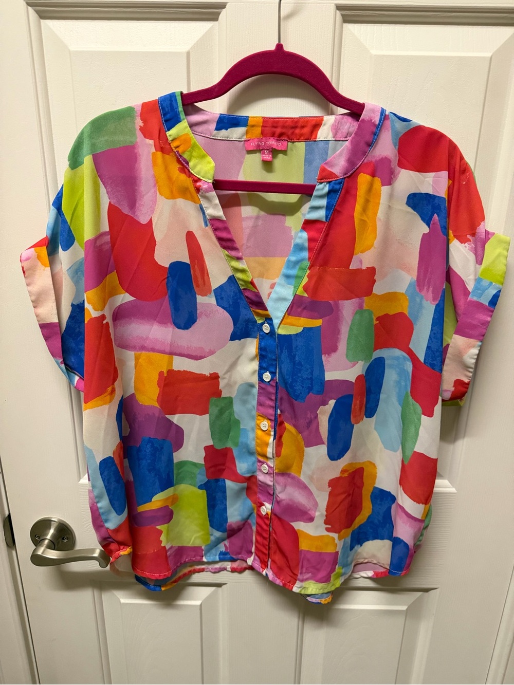 Flying Tomato Multicolor Abstract V-Neck Button Front Blouse